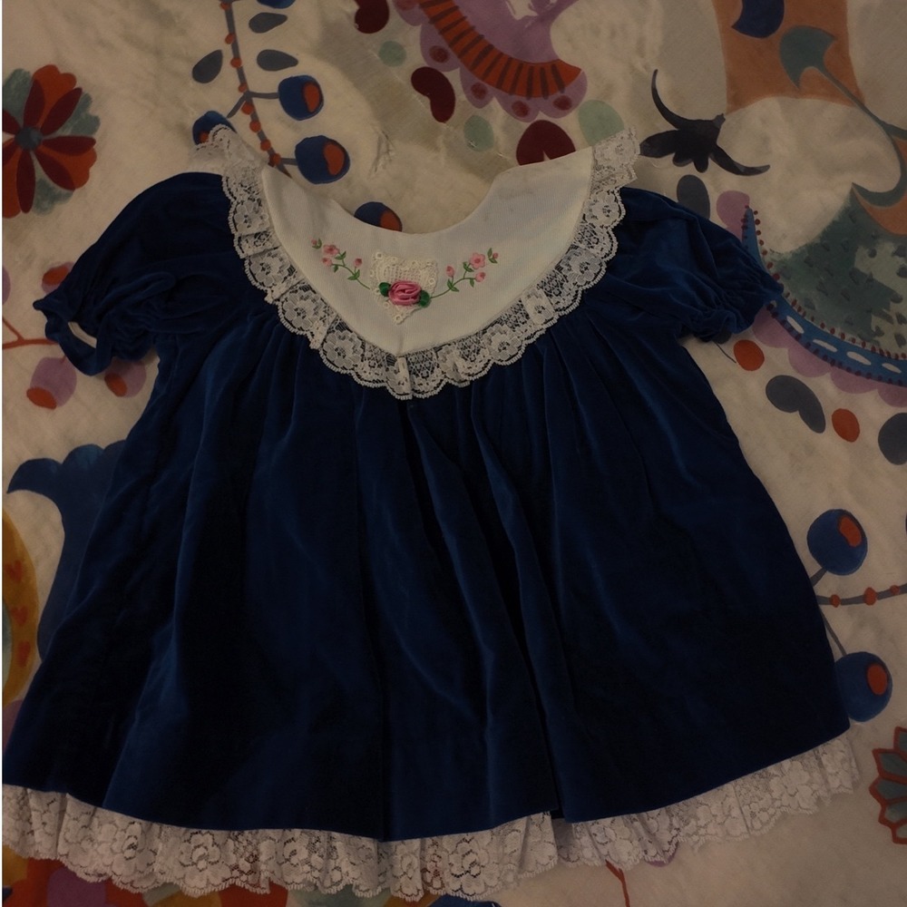 Vintage Royal Blue Velvet Baby Dress Lace Floral Embroidery 12 Months h5